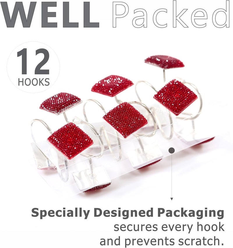Popkozzi Red Shower Curtain Hooks Rings: Bling Glitter Sparkle Shiny Square Crystal Diamond Decorative Shower Curtain Rings - Luxury Fancy Christmas Holiday Curtain Hooks & Hangers for Bathroom - Set of 12 - Image 4